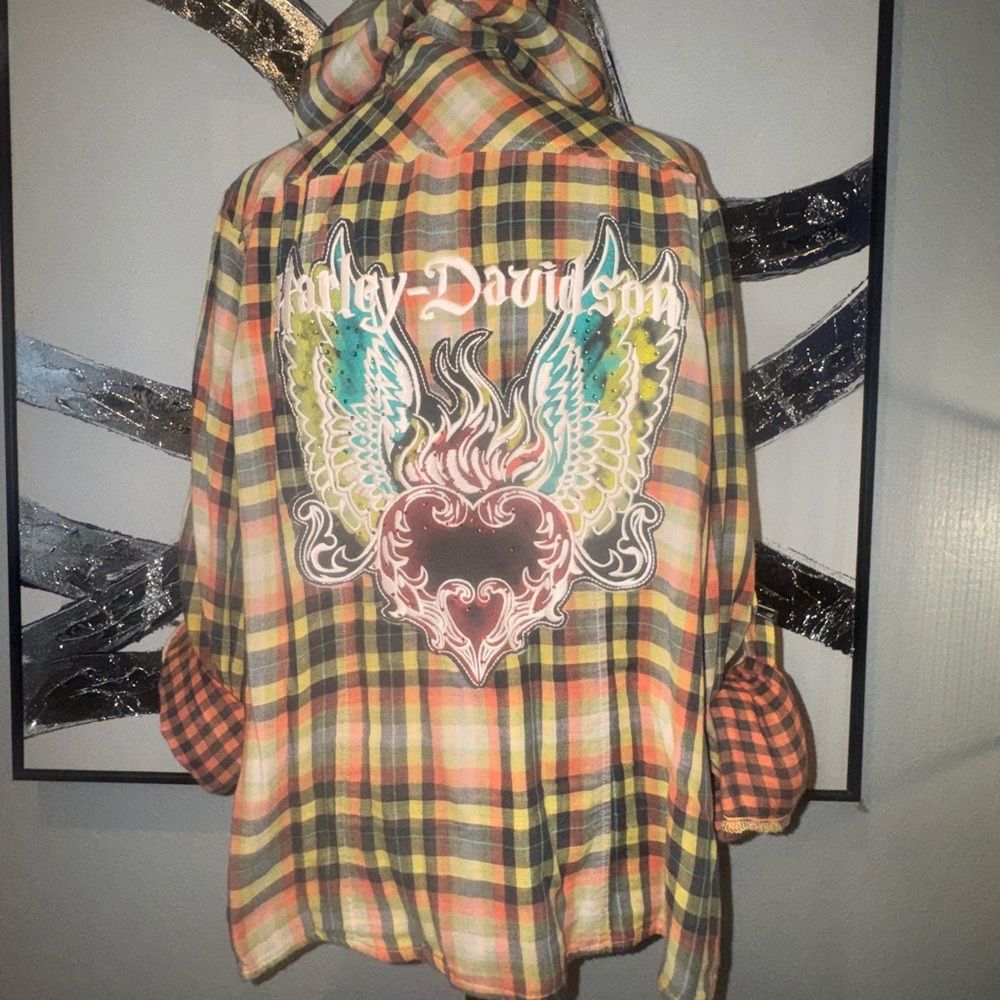 Harley-Davidson Orange and Black Plaid Hooded Flannel